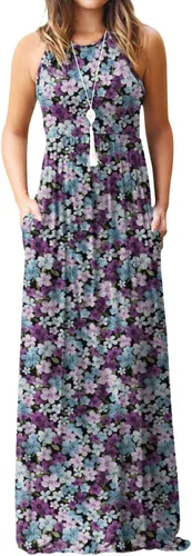 Vista 26 de DEARCASE Vestido largo de verano sin mangas para mujer, con bolsillos E10-floral Negro Azul