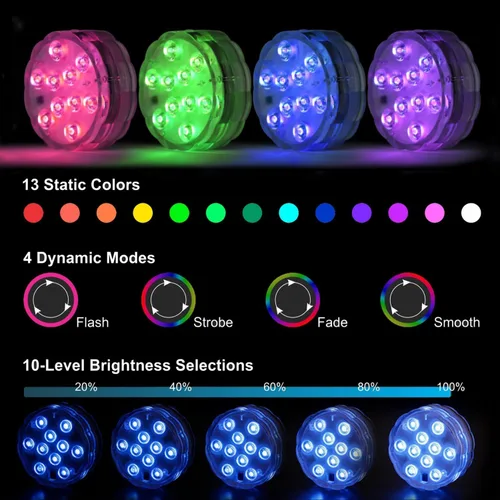Vista 3 de Luces LED sumergibles con control remoto, 13 colores, 4 modos, funciona con pilas, luz LED subacuática para piscina enterrada y piscina sobre