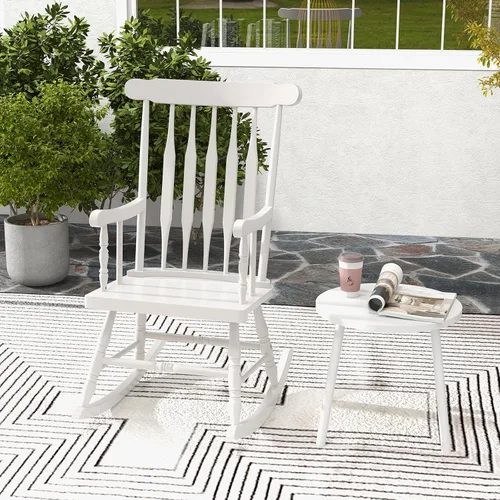 Vista 4 de Tangkula Mecedora para patio de madera de goma maciza, silla mecedora de porche al aire libre con marco de madera de goma, mecedora de madera