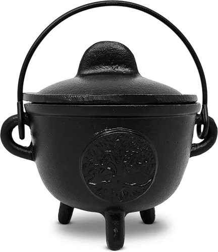 Vista 2 de New Age Imports, Inc. Caldero de hierro fundido con asa y tapa, ideal para manchas, quemar incienso, fines rituales, decoración, decoración