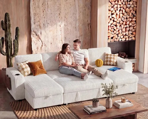 Vista 22 de WEUP Sofá cama modular de 111 pulgadas con cama extraíble, sofá de pana de felpa en forma de L de 7 asientos con diván de almacenamiento, puertos