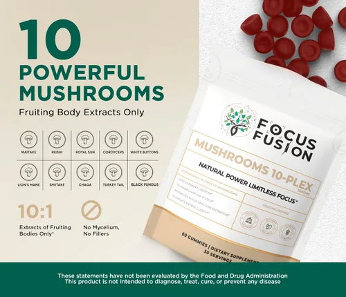 Vista 3 de Focus Fusion Gomitas de hongos 10 Plex Gomitas orgánicas de hongos corporales frutales con melena de león, reishi, cordyceps y chaga Veganas, a