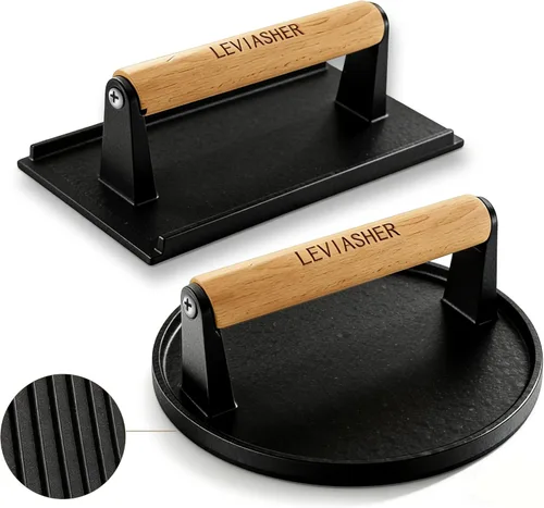 Vista 10 de Paquete de 2.1 libras de peso para carne y hamburguesa, base a rayas, prensa de hierro fundido resistente de 7 x 4 pulgadas con mango de madera