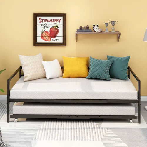 Vista 4 de HOMERECOMMEND Sofá cama de metal de tamaño individual con nido y listones de metal resistente, soporte para sofá cama, plataforma doble, base