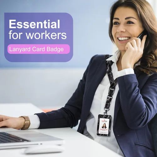 Vista 7 de Soporte para tarjetas de identificación con cordón y clip retráctil para carretes de insignias, cordón de mármol para identificación, protector