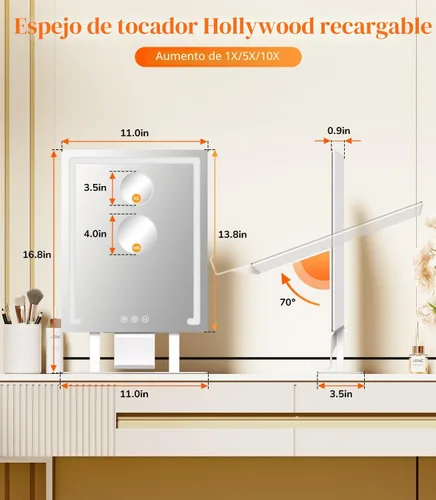 Vista 2 de Gospire Espejo de maquillaje iluminado, Hollywood 4000 mAh recargable con aumento 5X/10X, iluminación regulable de 3 colores, control táctil