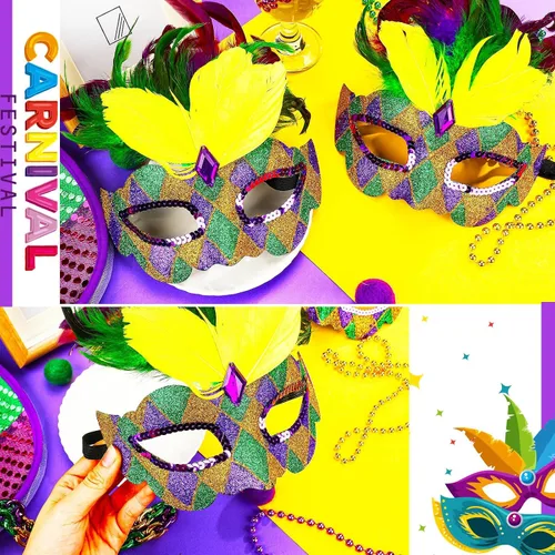 Vista 5 de Skylety 2 máscaras de Mardi Gras con purpurina veneciana para fiesta de baile de graduación, para mujeres y hombres, accesorio para disfraces