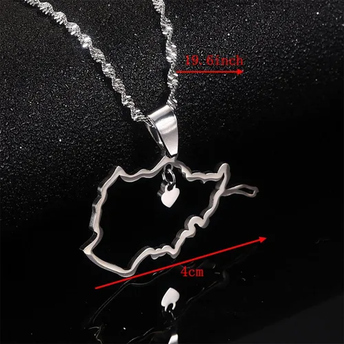 Vista 3 de Collar de acero inoxidable con dije de corazón con mapa de Afganistán y joyería afgana