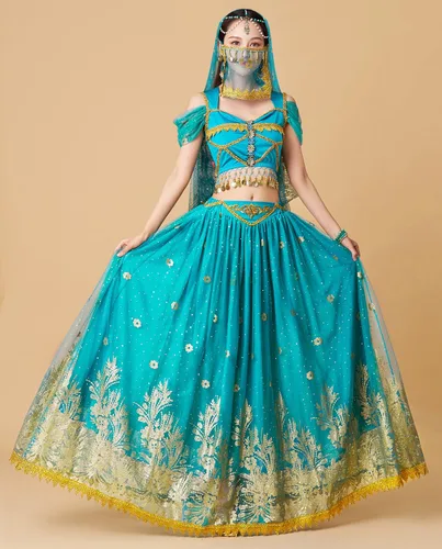 Vista 2 de Disfraces de princesa jazmín para mujer, disfraz de Aladdin para Halloween, cosplay, traje de danza del vientre
