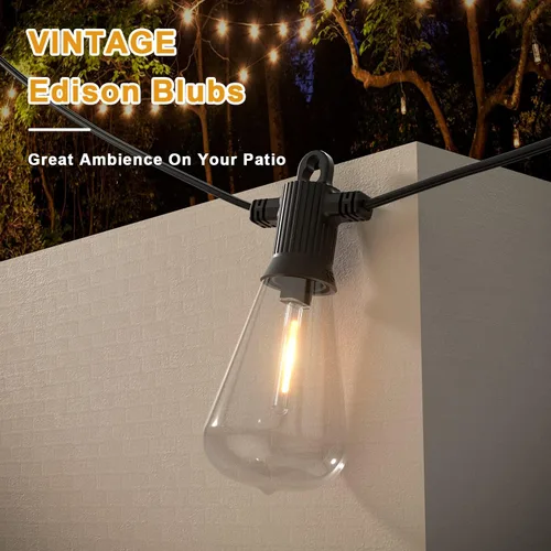 Vista 8 de Kawaya Guirnalda de luces para patio al aire libre: luz LED de 25 pies para patio exterior con 12 bombillas vintage inastillables - 2700 K regulable