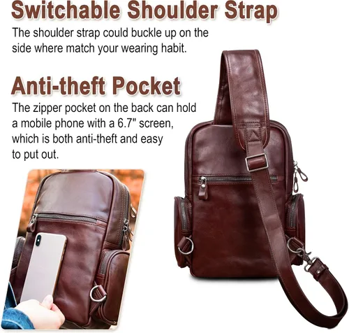 Vista 6 de Bolso bandolera de cuero genuino para hombre, bolso cruzado grande, bolso de hombro casual, mochila antirrobo, bolsa de viaje en el pecho