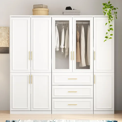 Vista 9 de WOODTIME Armario con barra para colgar, 3 cajones enmarcados y 2 puertas de cristal, armario de madera moderno, organizador de armario