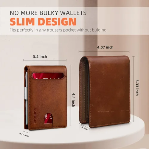 Vista 110 de RUNBOX - Carteras delgadas para hombre, cartera de piel con pinza para el dinero, cartera de bolsillo frontal con bloqueo RFID, tarjetero