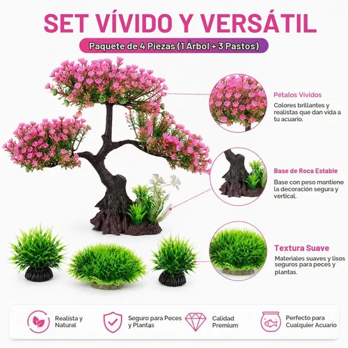 Vista 6 de Cabilock Decoración de acuario de flor de cerezo rosa, planta artificial de tanque de peces de árbol Sakura de 12.2 pulgadas con base estable