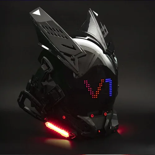 Vista 7 de Cyberpunk - Casco gótico para adultos, máscara LED Bluetooth, tecnología punk futurista, cosplay, Halloween, fiesta, festival de música (negro)