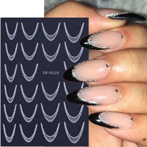 Vista 4 de Calcomanías de uñas de línea francesa, calcomanías de uñas de punta francesa con purpurina colorida 3D, autoadhesivas en 3D, puntas de uñas de línea