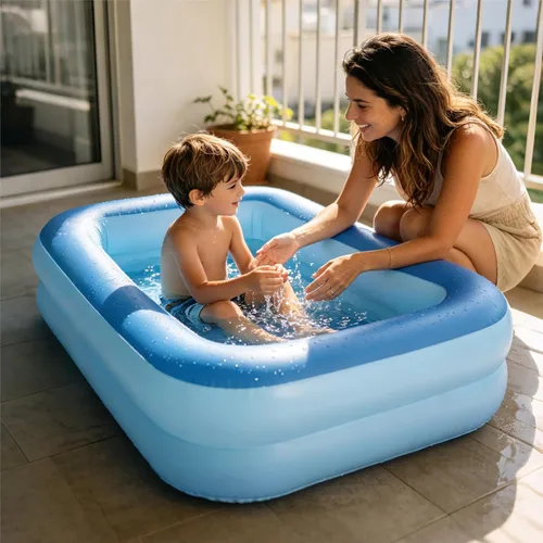 Vista 6 de HIWENA Piscina inflable para niños, 45 x 35 x 14 pulgadas, piscina azul para niños, bañera de verano con suelo suave inflable