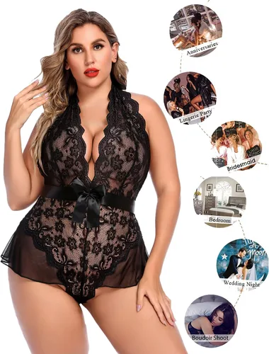 Vista 4 de Avidlove Lencería de talla grande para mujer, cuello en V profundo, lencería de encaje, camisón de encaje