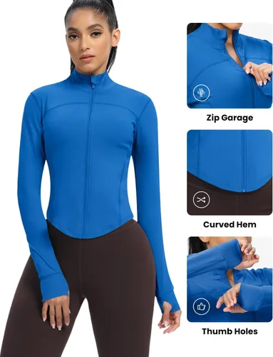 Vista 34 de AVGO Chaquetas de entrenamiento recortadas para mujer, con cremallera, ajustadas, atléticas, con agujeros para el pulgar