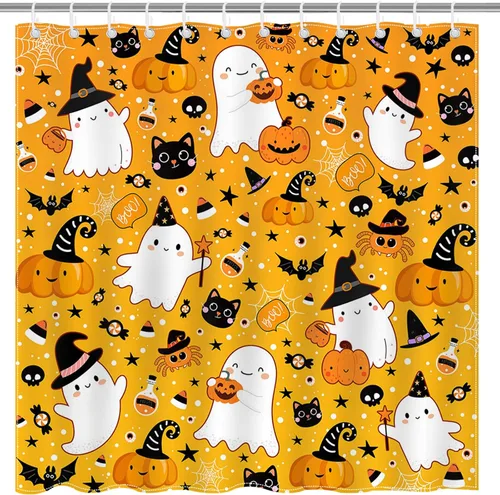 Vista 7 de Mocsicka Cortina de ducha de fantasma, fantasma, fantasma, caricatura, gato, calabaza, cortina de ducha de tela impermeable para Halloween