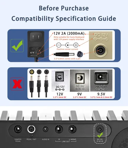 Vista 2 de Adaptador de CA/CC de 12V 2A con certificación UL para reemplazo de cable de alimentación Casio Privia 6 Ft Supply Cord for Privia Keyboard PX-130