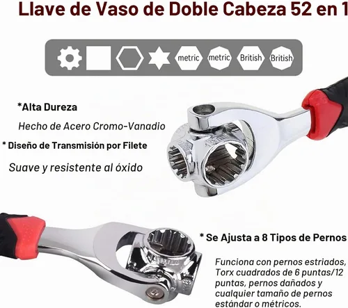 Vista 3 de Llave Universal 52 en 1 Llave de Vaso Herramienta de Llaves Multifunción con Cabezal Giratorio de 360°, Herramienta de Llave para Hogar y Reparación
