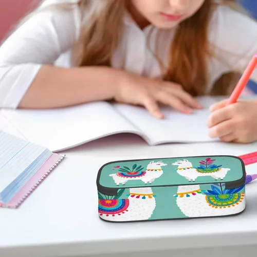 Vista 5 de Estuche organizador de lápices de alpaca, diseño de llama, hojas de animales, caja de papelería, caja de maquillaje, suministros escolares