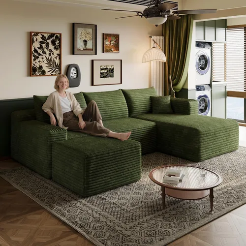 Vista 13 de Sofá modular en forma de L de 96 pulgadas con diván, moderno y cómodo sofá de pana para sala de estar, sofá de espuma viscoelástica, no requiere
