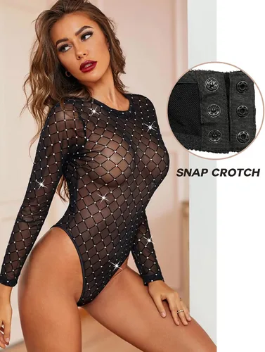 Vista 9 de Avidlove Body de malla para mujer color negro de manga larga cuello redondo leotardos transparentes body sexy con broche en la entrepierna