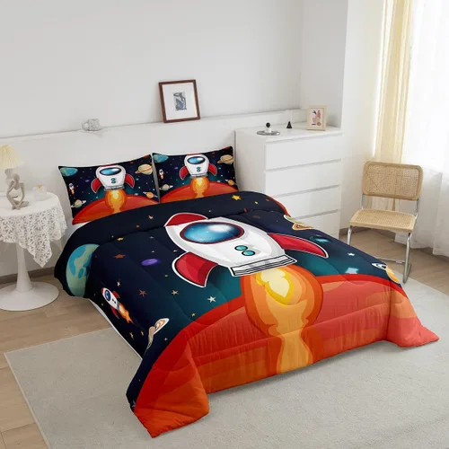 Vista 2 de Juego de edredón espacial para niños, 2 piezas, estampado de cohetes espaciales, tamaño individual, con funda de almohada, relleno de edredón