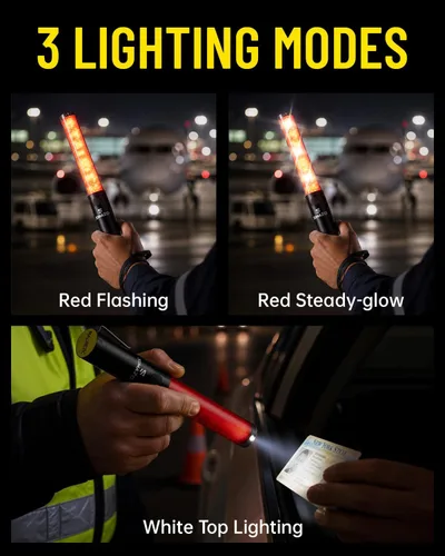 Vista 7 de Varita de Tráfico Recargable de 10 Pulgadas, Bastón de Control de Tráfico Rojo con LED Blanco en la Parte Superior, Varita de Marshalling Aéreo