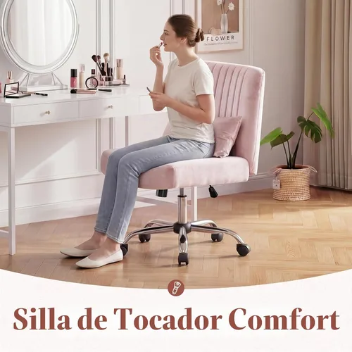 Vista 5 de Silla cruzada de terciopelo con ruedas, silla de oficina de lujo con patas cruzadas, cómoda silla de escritorio para oficina en casa, silla de Rosa
