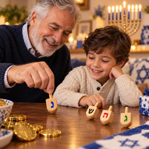 Vista 9 de Paquete de 10 Dreidels Hanukkah Draydel de madera natural con tarjetas de transliteración e instrucciones en inglés
