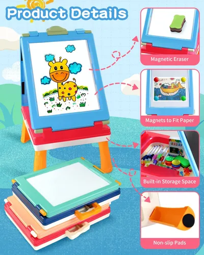 Vista 3 de Elovien Caballete para niños, caballete de arte de doble cara 4 en 1 con pizarra y pizarra blanca magnética, caballete de mesa plegable para niños