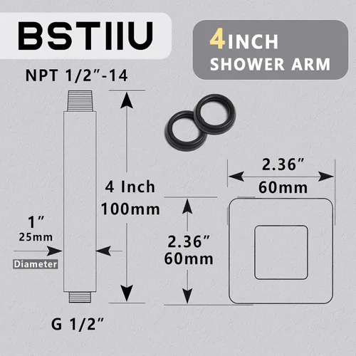 Vista 2 de Brazo de ducha de 4 pulgadas con brida, brazo de extensión de cabezal de ducha cuadrado montado en el techo, brazo recto de 1/2 NPT para cabezal