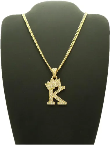 Vista 4 de Colgante empedrado de letra inicial con corona, pequeño de 0.12 pulgadas y unisex, collar de cadena cubana de 24 pulgadas en oro, tono plata.