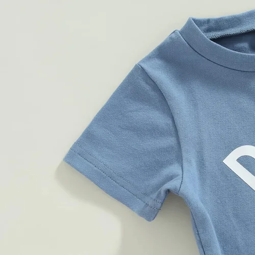 Vista 13 de Conjunto de traje de verano para bebé niño pequeño, manga corta, cuello redondo, letras impresas, lindo traje de verano, conjunto de 2 piezas