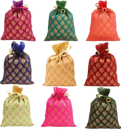 Vista 17 de Touchstone Bolsas de cordón tradicionales indias hechas a mano en tejido brocado con patrón de hojas de ficus. Perfecto para regalos, joyas, bodas