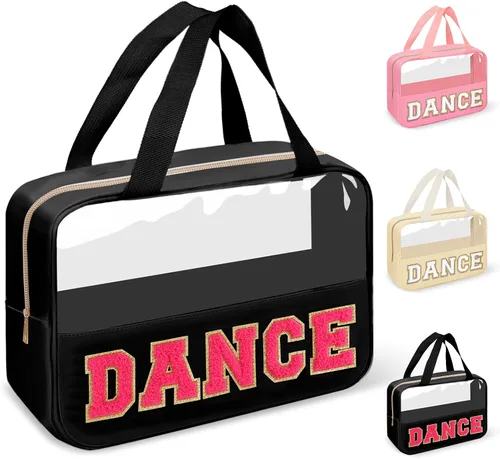 Vista 25 de izuzta Bolsas de maquillaje transparentes tipo tote con letras de chenilla, bolsa de maquillaje preppy con asa, Moda