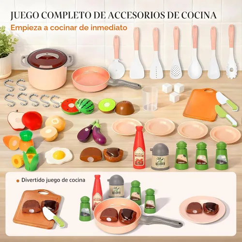 Vista 3 de Juego de cocina para niños, juego de cocina de juguete de madera con electrodomésticos y almacenamiento inteligente, juego de cocina para niños