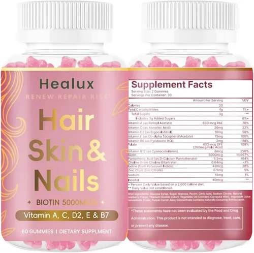 Vista 2 de Gomitas para el cabello, piel y uñas, 5000 mcg de biotina con vitaminas A, C, D2 y E, complejo B, zinc y yodo, vitaminas para el cabello, piel