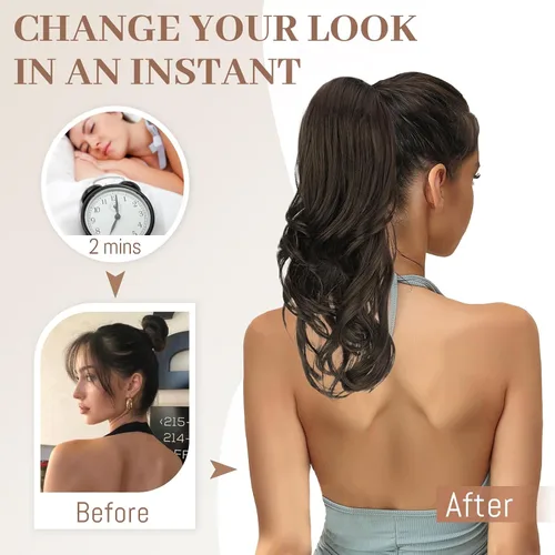 Vista 3 de KooKaStyle Extensiones de cola de caballo, 16 pulgadas, color marrón oscuro, largo, ondulado, con clip, extensiones de cabello sintético en capas