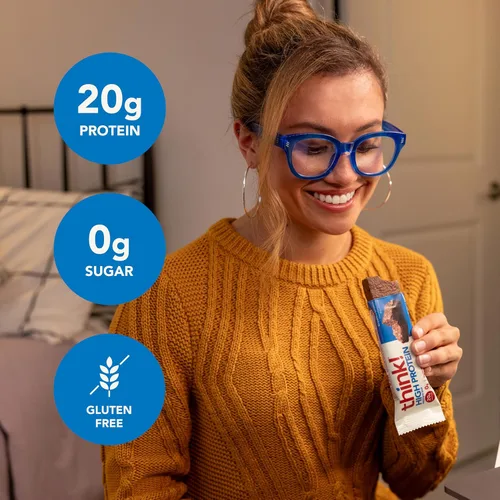 Vista 4 de Think! (thinkThin) Barras ricas en proteína de 20 gramos – Brownie crujiente, 0 gramos de azúcar, sin edulcorantes artificiales** sin gluten, sin