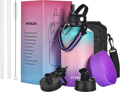 Vista 10 de Botella de agua aislada de 64 onzas con asa de paracaídas, bolsa de transporte y funda de silicona, jarra aislada de acero inoxidable de doble pared