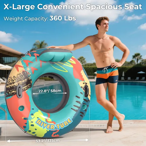Vista 2 de Flotador de tubo de río resistente de 53 pulgadas para adultos, flotador inflable para piscina, lago y playa con portavasos incorporados, respaldo