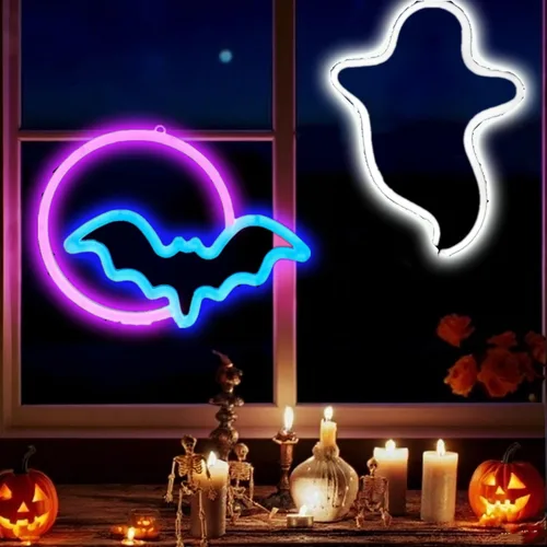 Vista 13 de Letreros de neón de murciélago para dormitorio, mesita de noche, decoración de pared, decoración de Halloween, luces LED de noche, adornos de mesa