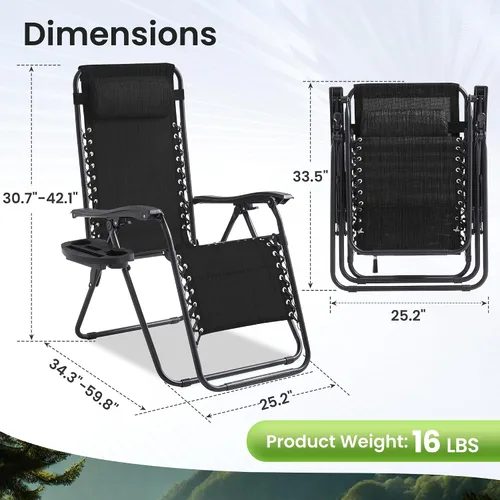 Vista 3 de Zero Gravity - Juego de 2 sillas reclinables plegables de gran tamaño, acolchadas antigravedad con almohada ajustable y portavasos para campamento