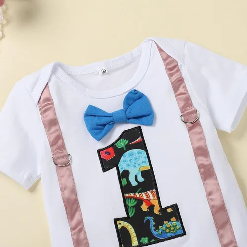 Vista 34 de IDOPIP Traje formal para bebé niño para el primer cumpleaños de Cake Smash con corbatín y tirantes y pantalones cortos para sesión de fotos