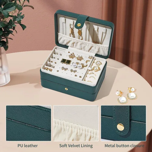 Vista 5 de BUTI4WLD Joyero pequeño, cajas de joyería para mujeres y niñas, caja organizadora de joyas, 2 capas organizador de almacenamiento de joyas de viaje
