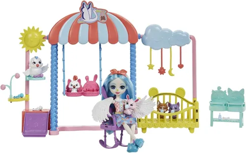 Vista 3 de Enchantimals Muñeca y accesorios, juego de la guardería, muñeca Starley Stork, gorila y 4 figuras de animales Baby Bestie, cuna y más, mejores